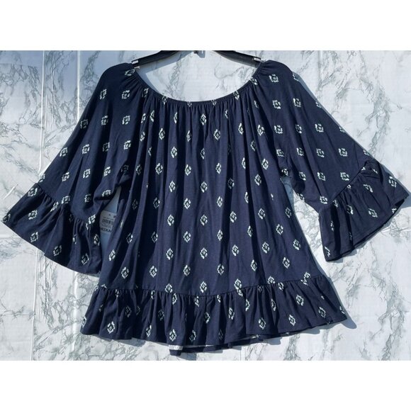 Style & Co Womens Navy Blue Floral Top w ruffle sleeves and hem Medium - Picture 2 of 7